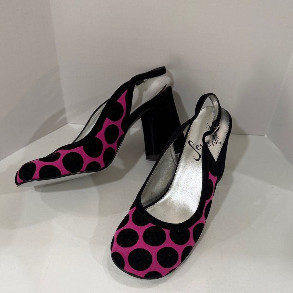 Seven Stars Black and Pink Velvet Polka Dot Heels - Picture 3 of 4